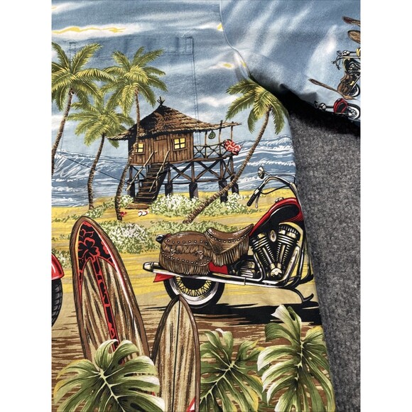 Ky's Hawaiian Shirt Men's Large Cotton Motorcycles Surfboards Tiki Hut Button-Up - Picture 3 of 16